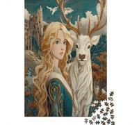 Beautiful Medieval Young Woman Jigsaw Puzzles Huge White Stag Challenge Toy Educational Games Home Decoration for Adults& Teenager Age 14 Years Up 38x26cm/1000pcs