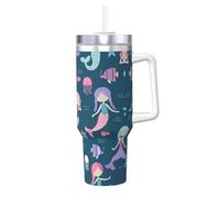 Beautiful Mermaid Print 40oz with Straw and Lid, Stainless Steel Double Wall Vacuum Insulated Coffee Mug for Hot and Cold Coffee, Travel Mug with Handle