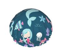 Beautiful mermaid print shower cap with elastic and reusable for long and short hair, double layer hair cap