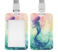 Beautiful Mermaid Tail ID Badge Holder Clear Badge Protectors with Detachable Lanyard Strap Vertical Hard Plastic Sleeve Secures Work ID Card Credit Cards for Office Factory