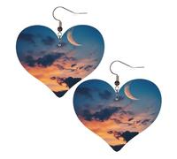 Beautiful Moon at Night Leather Earrings for Women Heart Earring Lightweight Dangle Drop Earring Set Jewelry Gift, One Size, No Gemstone