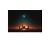 Beautiful Mosque Silhouette Poster Artwork Glowing Crescent Moon Giclee Canvas Prints Modern Canvas Wall Art Picture Wall Hanging for Dining Room Kitchen Home Office Decor 12x18inch(30x45cm)