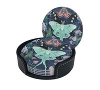 Beautiful Moth Print Chic Round Leather Coasters – Set Of 6 Full-Print Coasters In A Premium Pu Leather Storage Box