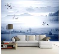 Beautiful Mountain Peaks Woodland Birds in Flight Elk 3D Wallpaper Easy Install Feature Office Living Room Sofa Bedroom TV Background Wall Decoration-300cm×210cm