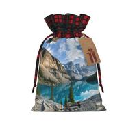 Beautiful Mountains Printing Color Matching Plaid Christmas Bag With Drawstring For Christmas Birthdays Party,4.7x6.9 Inch
