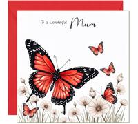 Beautiful Mum Birthday Card Red Butterfly & White Flower Design - With Red Envelope - Cute Birthday Cards for Mum Mother Mom