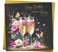 Beautiful Nanny Birthday Card | Floral Champagne Butterfly Design with Gold Envelope