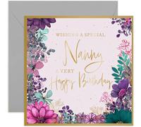 Beautiful Nanny Birthday Card, Gorgeous Purple Flowers Design - Square Card, Blank Inside With Envelope