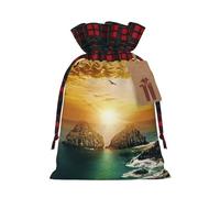 Beautiful Nature Print Christmas Drawstring Linen Gift Bags Reusable Fabric Bags With Tags For Christmas Gifts