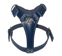 Beautiful Navy Blue Strong Leather Dog Harness with British/English Bulldog Head Motif (Brass Fittings)