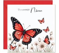 Beautiful Niece Birthday Card Red Butterfly & White Flower Design - With Red Envelope - Cute Birthday Cards for Niece