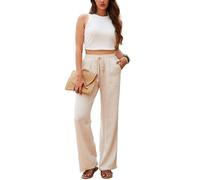 Beautiful Nomad Women's Linen High Waisted Palazzo Pants Casual Flowy Wide Leg Drawstring Trousers with Pockets, Beige, S