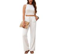 Beautiful Nomad Women's Linen High Waisted Straight Pants Casual Flowy Wide Leg Drawstring Trousers with Pockets, Off-white, XL