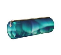 Beautiful Northern Lights Printed Leather Pencil Case Cute Stationery Organizer Round Makeup Bag Pen Pouch, Gold Zipper