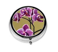 Beautiful Orchids A Round Mini Pillbox with Three Compartments for Storing Vitamins, Fish Oil, and Nutritional Supplements.