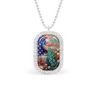 Beautiful Peacock American Flag Flowers Rectangle Pendant Necklace Silver Women Jewelry Alloy Keychain Tag Jewelry