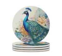 Beautiful Peacock and Floral Coasters for Drinks Absorbent Non-Slip Ceramic Car Coasters Cup Holder Round Table Coasters Decorative with Cork Base for Bar Party Home Decoration,4PCS