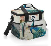 Beautiful Peacock and Floral Insulated Lunch Box Portable Cooler Bag Extra Large Lunch Bag Lunch Cooler Leakproof Ice Chest Thermal Cooler Shopping Bags for Beach, Picnic, Camping, Shopping