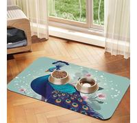 Beautiful Peacock and Floral Pet Feeding Mat 40x60cm, Absorbent Dog Mat for Food and Water Bowl, PU Leather Cat Food Mat Waterproof Dog Bowl Mats Quick Dry Pet Placemats-No Stains