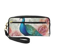 Beautiful Peacock and Floral Printed Makeup Bag for Women Travel PU Leather Cosmetic Bag with Wristlet Toiletry Bag