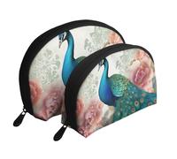 Beautiful Peacock and Floral Printed Makeup Bags 2-Piece Portable Shell Travel Toiletry Bag Cosmetic Organizer Bag for Women