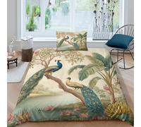 Beautiful Peacock Bedding Set 3D Printed Indian Miniature Art Style Duvet Cover Soft Microfiber Quilt Cover Comforter Cover 3 Piece for Teens Boys Girls Single(135x200cm)