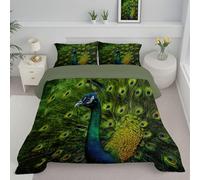 Beautiful Peacock Coverless Duvet Double - Wildlife All Season Duvet Cosy & Lightweight Quilt Washable Reversible Comforter with 2 Pillowcases 200x200cm, Green