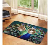 Beautiful Peacock Durable Pet Absorbent Tablecloth Non-Slip Dining Pad For Dog Cat Food Water Bowls Feeder Mat