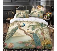 Beautiful Peacock Duvet Cover Set 3D Indian Miniature Art Style Bedding Set 3 Pieces Ultra Soft Microfiber Comforter Cover for Kids Teens Adults Super King(260x220cm)