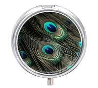 Beautiful Peacock Feathers Pill Box 3 Compartment Travel Pill Organizer 3 Times A Day Cute Mini Pill Case for Purse & Pocket Portable Metal Medicine Box with Mirror Round Daily Medicine Vitamin Contai