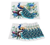 Beautiful Peacock Floral Vinyl Placemats Set of 6 for Dining Tables,Kitchen Table Mats Heat Resistant Washable Wipeable PVC Place Mat
