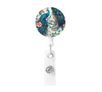 Beautiful Peacock Flowers Badge Reel Retractable Badge Holders Lightweight ID Badge Reels Cute Nurse Name Card Holder with Keychain Funny ID Badge Clip for Men Women