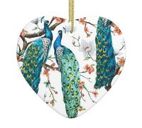 Beautiful Peacock Flowers Christmas Ceramic Heart Ornament,Double-Sided Printed White Porcelain Hanging Decoration With Gold String For Xmas Tree,Home,Shop,Holiday Decor