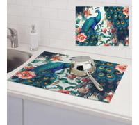 Beautiful Peacock Flowers Dish Drying Mat for Kitchen Counter Super Absorbent Microfiber Drainer Mats Large Size Dish Drying Pad Quick Drying Dish Rack Pad 18"x 24"