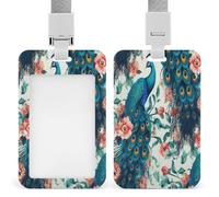 Beautiful Peacock Flowers ID Badge Holder Waterproof Card Protector Push-Pull Slot Work ID Card Holder with Lanyard Personalized Detachable Card Holders for Office Corporate Use
