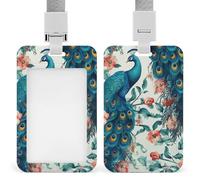 Beautiful Peacock Flowers ID Badge Holder with Lanyard Vertical Hanging Name Card Holder Detachable Name Tag Clips with ID Window Suitable for Nurse Teacher Office Use