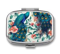 Beautiful Peacock Flowers Pill Box 2 Compartments Portable Travel Pill Case Mini Medicine Organizer for Pocket Purse Metal Waterproof Medicine Container Holder Vitamin Fish Oil