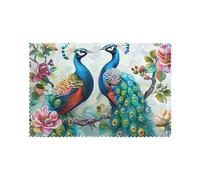 Beautiful Peacock Flowers Print Heat Resistant Placemats Set of 6 | 45x30cm Polyester Table Mats for Dining Room Kitchen Decor
