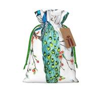 Beautiful Peacock Flowers Printed Christmas Drawstring Bags with Green Christmas Ribbon - Reusable Burlap Drawstring Gift Pouches, S