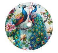 Beautiful Peacock Flowers Printed Christmas Tree Skirt 48 inch, Double Layers Xmas Tree Skirts Base Floor Mat for Holiday Party Decoration Ornaments