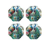 Beautiful Peacock Flowers Printed Octagon Coasters 4 PCS for Drinking, Leather Coaster for Home Decor Tabletop Protection