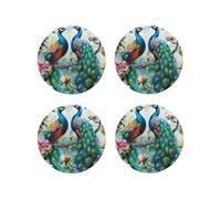 Beautiful Peacock Flowers Printed Round Shape Coasters 4 PCS for Drinking, Leather Coaster for Home Decor Tabletop Protection