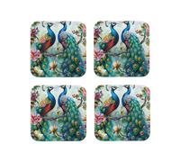 Beautiful Peacock Flowers Printed Square Coasters 4 PCS for Drinking, Leather Coaster for Home Decor Tabletop Protection