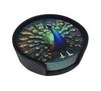 Beautiful Peacock Funny Coasters, 6 Pcs Leather Coasters with Holder, Perfect Housewarming Hostess Gifts