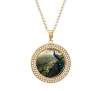 Beautiful Peacock In The Nature Multicolored Diamond Necklace Dainty Round Pendants Jewelry for Women Golden-style