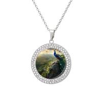 Beautiful Peacock In The Nature Multicolored Diamond Necklace Dainty Round Pendants Jewelry for Women Silver-style