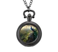 Beautiful Peacock in The Nature Pocket Watch Vintage Quartz Pocket Watches with Chain for Men Women Black-Style