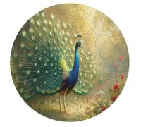 Beautiful Peacock Open Tail Feathers Wooden Puzzle Letter on Back Circular Easy Jigsaw Puzzles for Elderly Birthday Gift Family Game