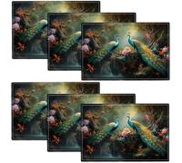 Beautiful Peacock Placemats Set of 6 Flower Peacocks Table Mats Washable Place mats for Party Kitchen Dining Decoration 12x18 Inch