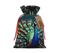 Beautiful peacock print Christmas Packing Bag Linen Bags with Drawstring Funny Wedding Present Bag